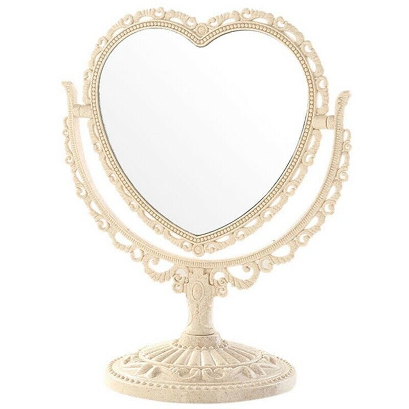 Beige Makeup Mirror Heart Shape Rotatable Stand Table Compact Mirror Plasti O8D7