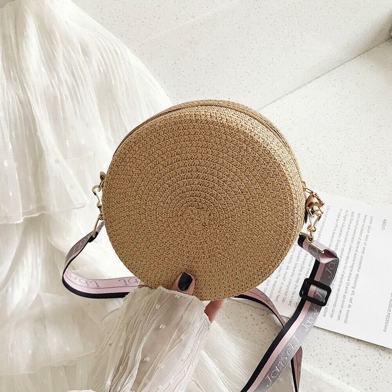Handmade Straw Weave Round Women Small Beach Shoulder Bags (Dark Khaki)
