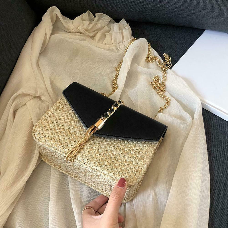 Straw Leather Women Messenger Bag Small Flap Purse Shoulder Handbag (Black)