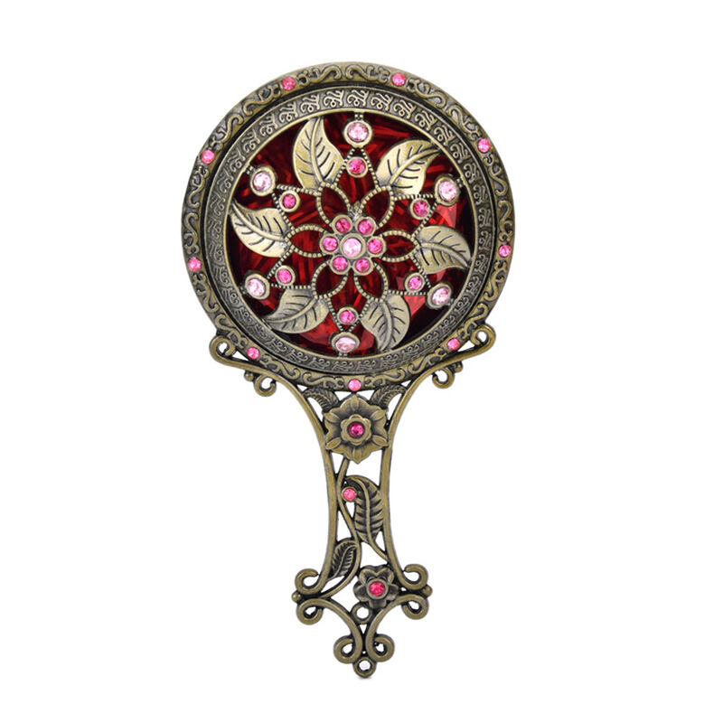 2PCS Bronze Handheld Mirrors Hollow Cosmetic Compact Mirror Comb Set Gift Box 3C