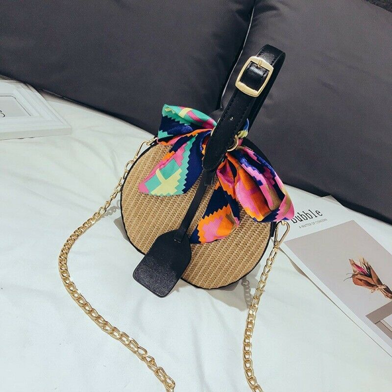 Women's straw bag Crossbody bag Woven bag Summer leisure bag Small round si H7S4