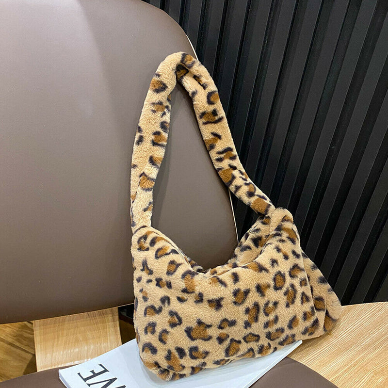 Animal Pattern Shoulder Underarm Bag Women Plush Top-handle Handbag (4)