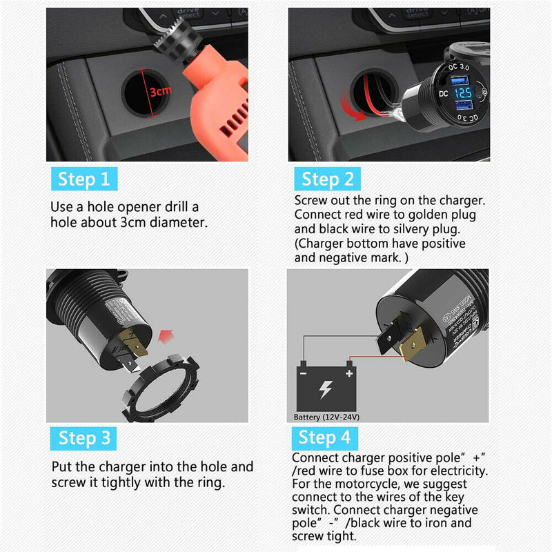 Car Charger Socket Accessories Dual USB Electrical Golf Cart Quick Charge 3.0