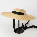 Wide Brim Boater Hat 15Cm Brim Straw Hat Flat Women Kentucky Derby Hat Blac