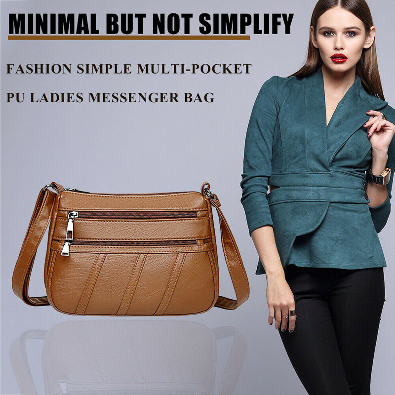 Women PU Shoulder Bag Multi-pocket Mother Solid Crossbody Handbag (Brown)
