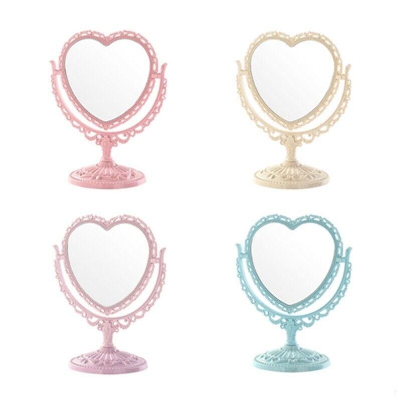 Beige Makeup Mirror Heart Shape Rotatable Stand Table Compact Mirror Plasti O8D7