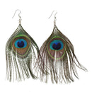 Women Fashion Boho Style Rhinestone Long Natural Peacock Feather Drop Earri