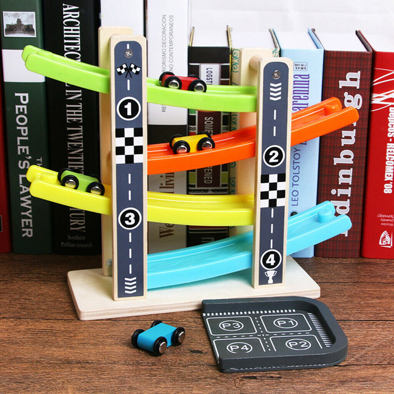 Ramp Racer Race Track for Toddlers and 4 Wood Cars, Race Car Ramp Set, Kids