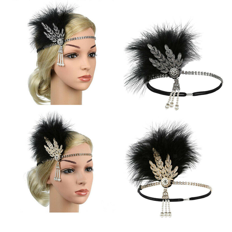 2 Lot Women's Fascinator Feather Crystal Headband Charleston Party Headwear