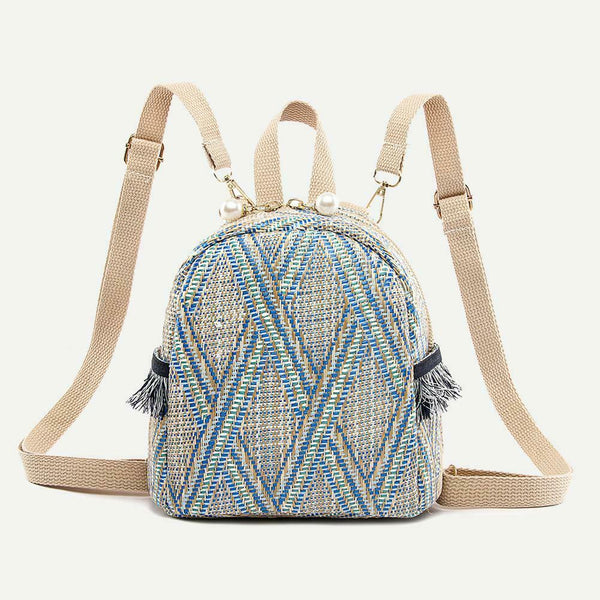 Straw Woven Small Backpacks Women Stripe Print Shoulder School Bags (Blue)