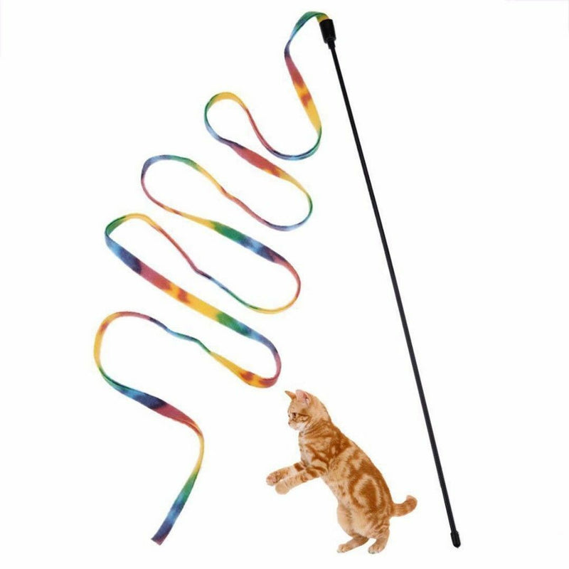 65" Rainbow Cloth Stripe Tease Cats Rod Teaser Funny Playing Pet Cat Toys ^^