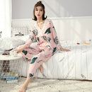 Women Autumn V-neck print 2-pcs Pajama Sets Floral Long Sleeve Sleep Wear C F2E9