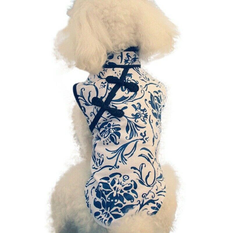 Puppy Dog China Fashion Style Blue and white floral Print T-shirt Summer Ve