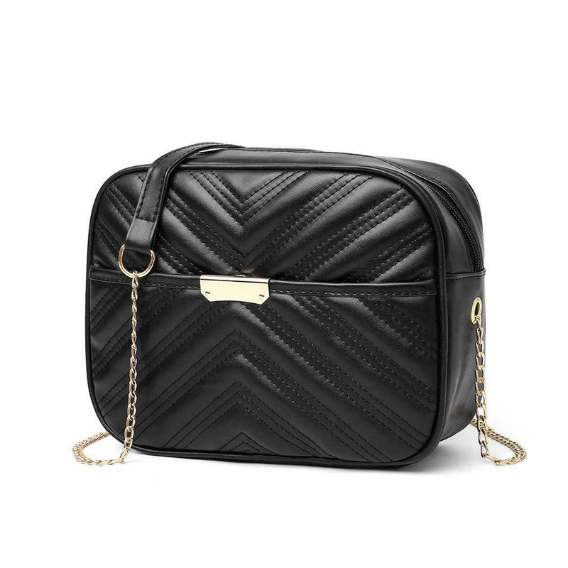 Women Simple Leather Crossbody Bag Chain Shoulder Messenger Handbag (Black)