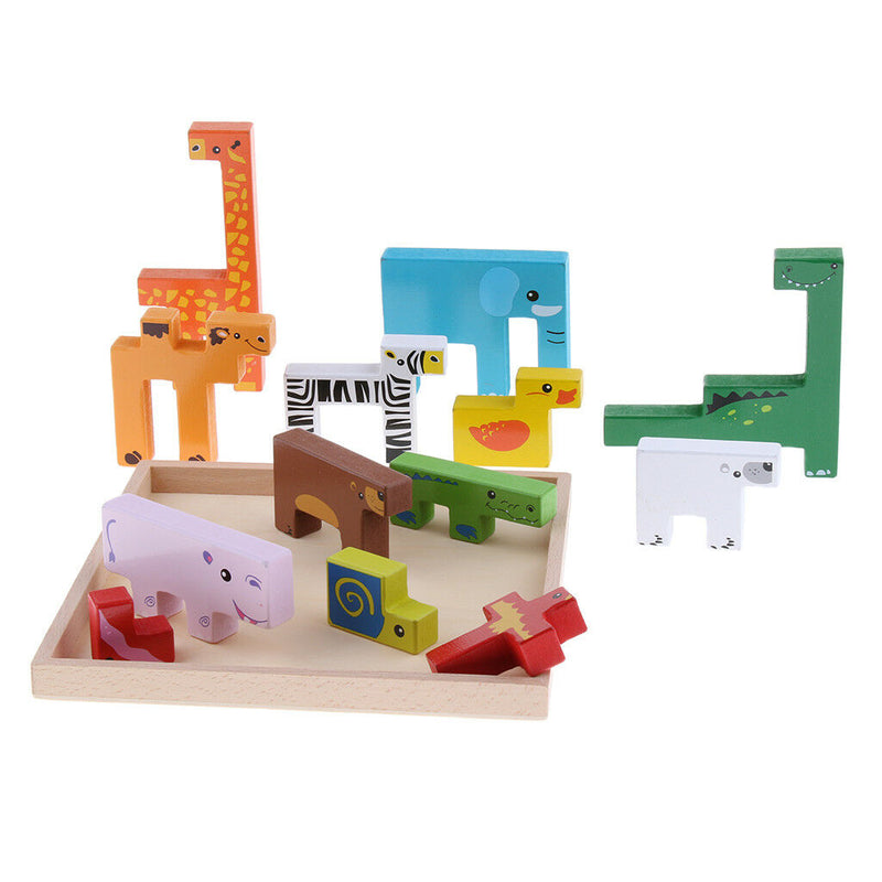 Wooden Jigsaw Puzzle Board Wild Safari Animals Wooden Block Kids Educational