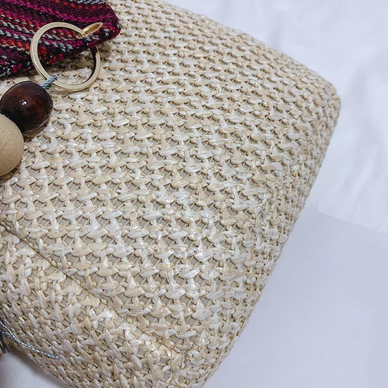 Ethnic Tassel Decor Travel Backpacks Women Straw Shoulder Knapsack (White)