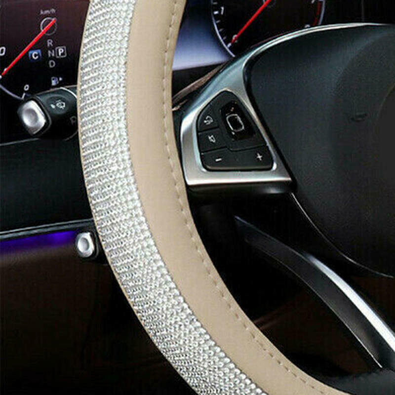 1 White 38CM Car Crystal Steering Wheel Cover PU Leather Rhinestones Beige WJL