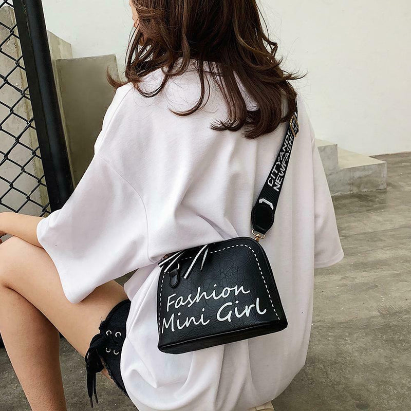 Women PU Leather Shell Wide Shoulder Strap Crossbody Messenger Bag (Black)