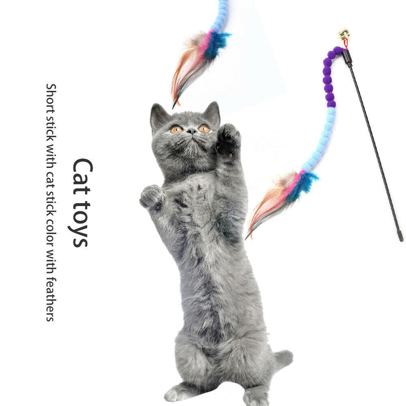 Cat Teasing Stick Colorful Pompom Feather Wand Fun Pet Teaser Rod Toys (04) A