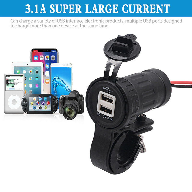 Waterproof Motorcycle Handlebar Charger 3.1A Dual USB Socket Power Adapter