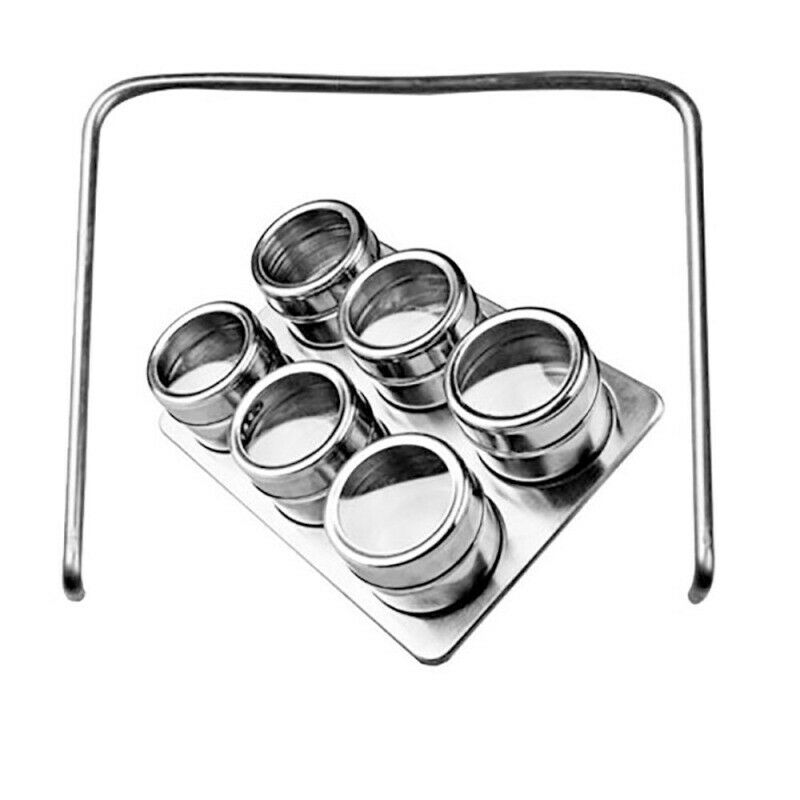6X Stainless Steel Magnetic Spice Rack Herb Pot Jar Kitchen Storage Holder Stand