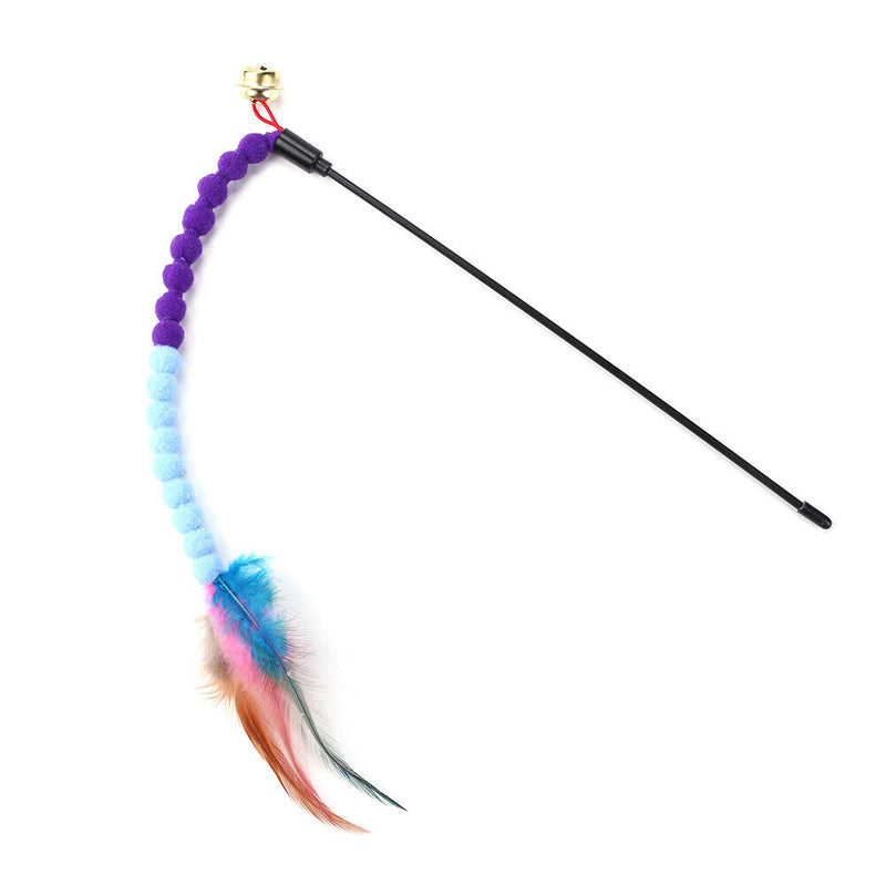 Cat Teasing Stick Colorful Pompom Feather Wand Fun Pet Teaser Rod Toys (04) A