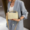 Women Straw Shoulder Bag PU Splicing Female Casual Messenger Pouch (Khaki)
