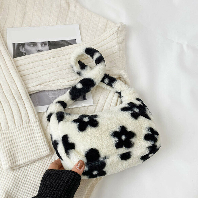 Women Fluffy Shoulder Bag Solid Plush Handbags Female Winter Totes (Flower)