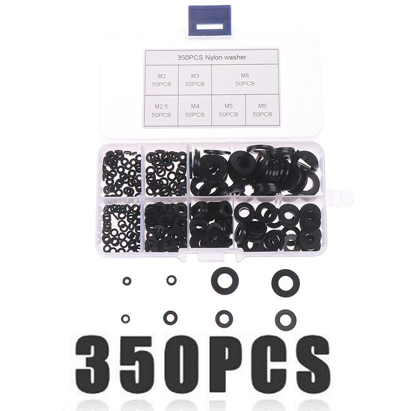 350Pcs M2/M2.5/M3/M4/M5/M6/M8 Black Nylon Flat Washer Assortment Kit SetB Cy