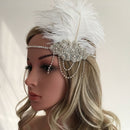White Feather Flapper Headband w/Tassel 1920s Great   Bridal Headpiece