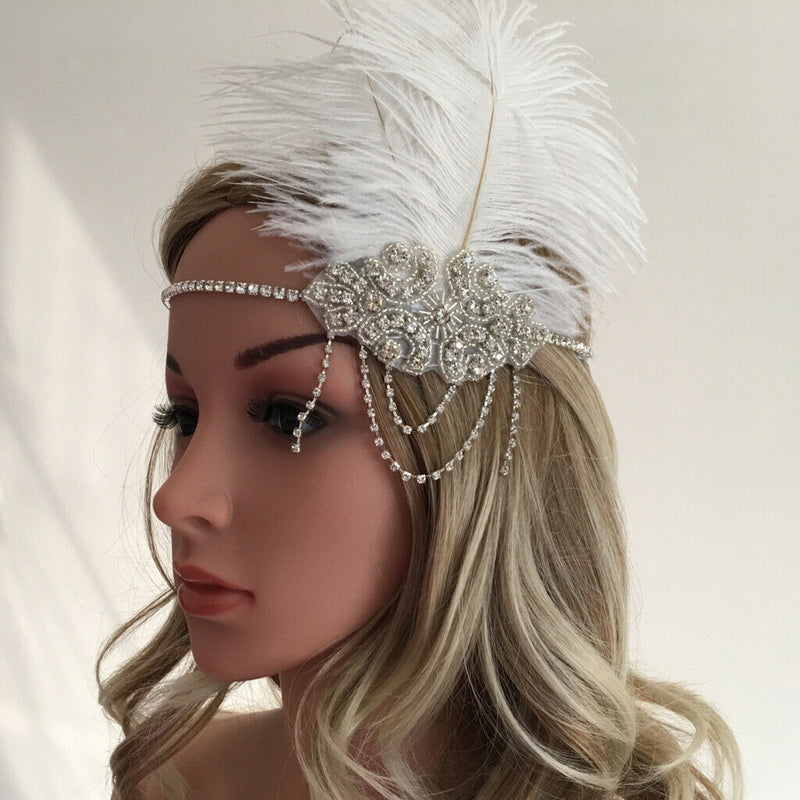 White Feather Flapper Headband w/Tassel 1920s Great   Bridal Headpiece