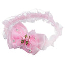 Baby Infant Girls Lace Headband Hair Bow w/ Beads and Roses - Pink O1F9