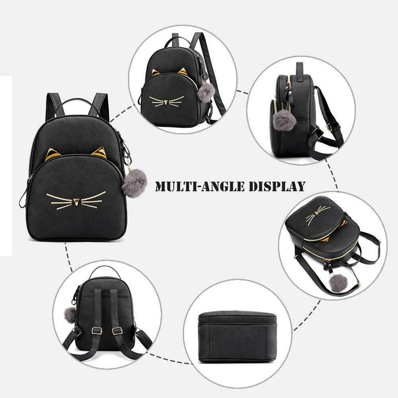 Teenagers Backpack PU Leather Shoulder Bag School Bags Girls Cat Square Satc