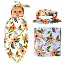 Newborn Receiving Blanket Headband Set Flower Print Baby Swaddle Receiving