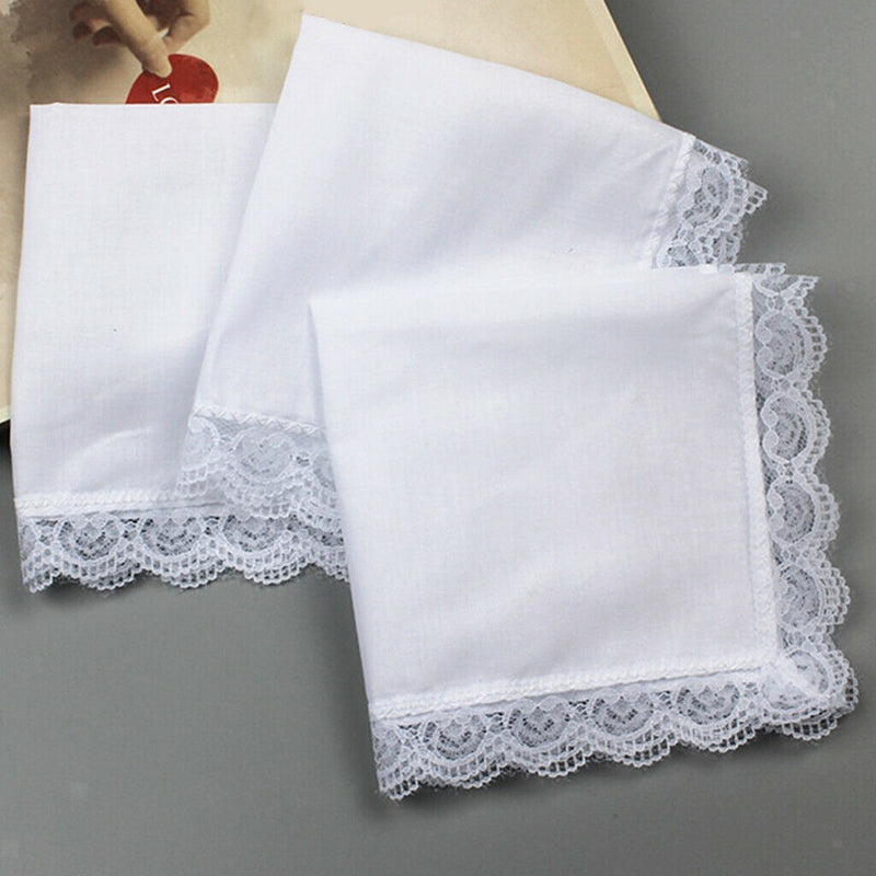 5pcs Lady Cotton Handkerchiefs Lace Trim White Hanky Kerchief  Square