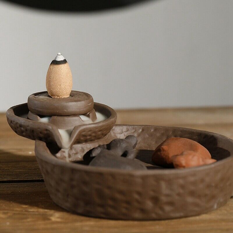 Purple Clay Smoke Backflow Incense Burner Sticks Holder Cone Lucky 2 Cattle Q9Z6