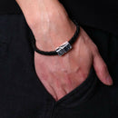 Fashion PU Leather Weave Stainless Steel Magnetic Clasp Men Bracelet Jewel&+