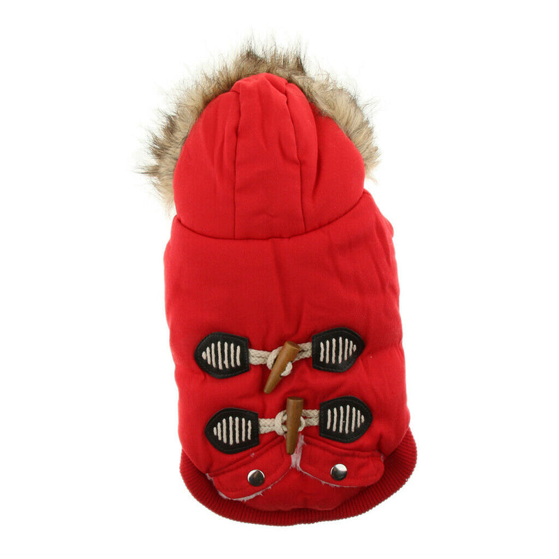 Autumn Winter Pet Dog Horn Buckle Hooded Pocket Thick Warm Coat Red