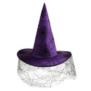 Womens Girls Gothic Halloween Purple Witch Costume Hat with Spiderweb Veil