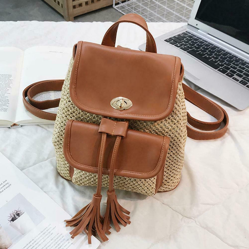 Leather Woven Backpacks Women Tassel Flap Schoolbags Knapsack (Light Brown) A