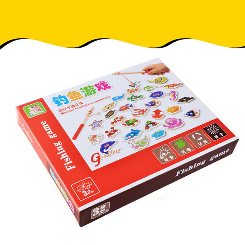 Kids Wooden Double Sided Magnetic Fishing Toys Kit+ 32pcs various sea a MKW