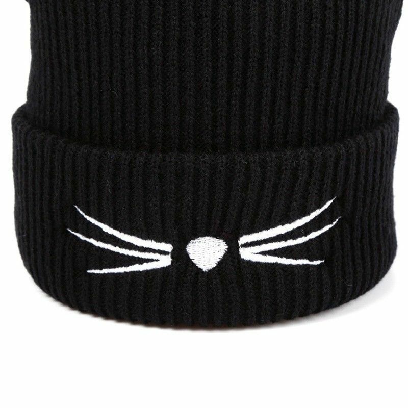 New Cat Ear Beanies Warm Winter Knitted Cute Cat Beard Crochet Braided Hat