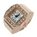 Square Dial Glitter Crystal Decor Elastic Band Finger Ring Watch Copper ToneJ3K3