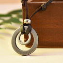 Fashion Mens Retro Leather Cord Necklace Double Circle Ring Pendant Jewelry Gift