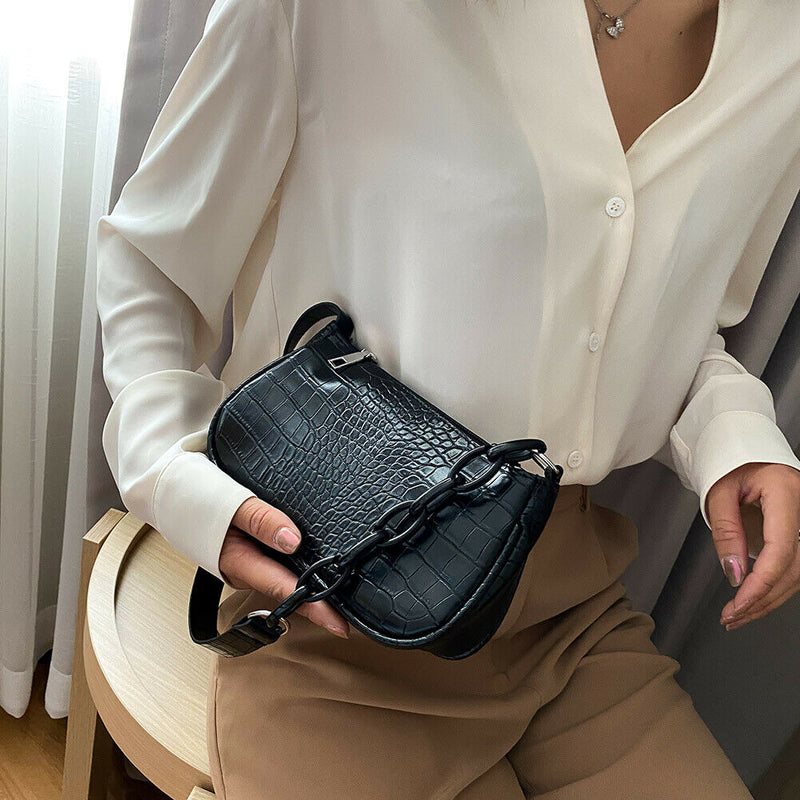 Retro Alligator PU Women Handbag Tote Street Underarm Shoulder Bag (Black)