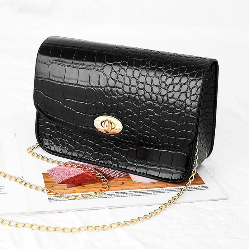Crocodile Leather Messenger Bag Women Retro Purse Shoulder Handbag (Black)