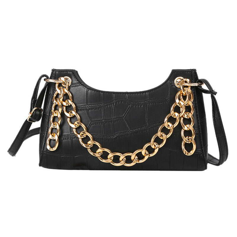 Women Stone Leather Shoulder Bags Elegant Chain Messenger Handbags (Black)