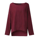 Women T-Shirt Long Sleeve Solid Cotton And Linen Ladies Tops (Wine Red L) A
