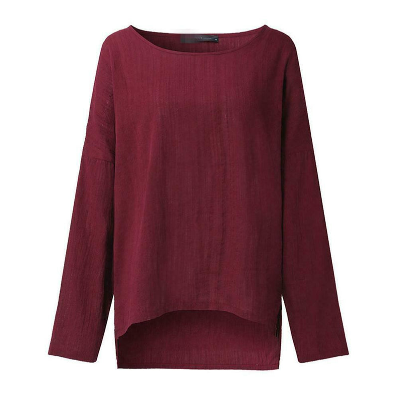 Women T-Shirt Long Sleeve Solid Cotton And Linen Ladies Tops (Wine Red L) A