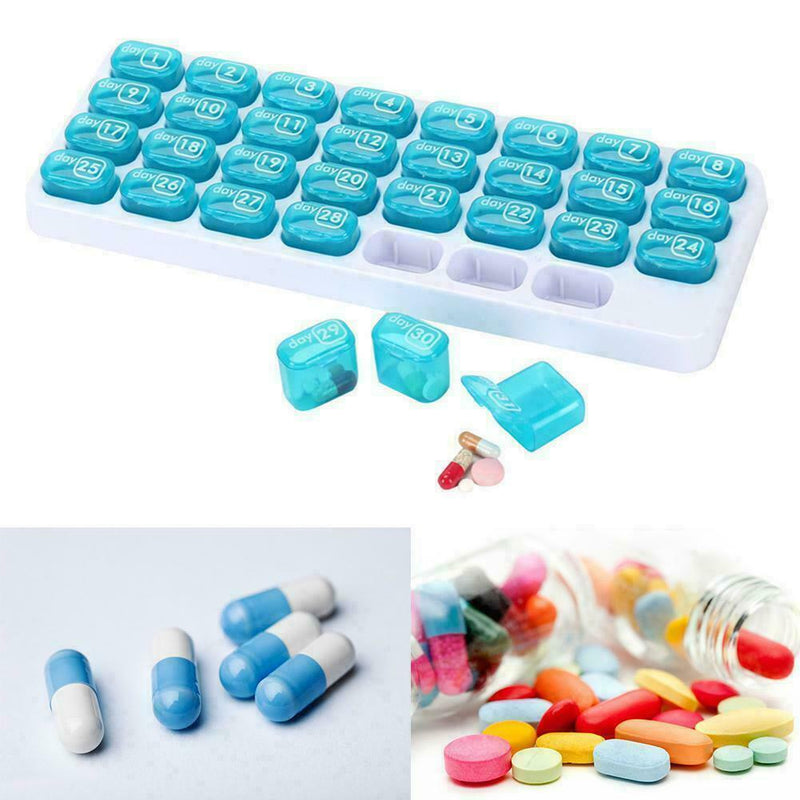 One Month Pill Organiser 31 Day Box Lid Medicine Tablet Blue Storage Dispen W0Z6